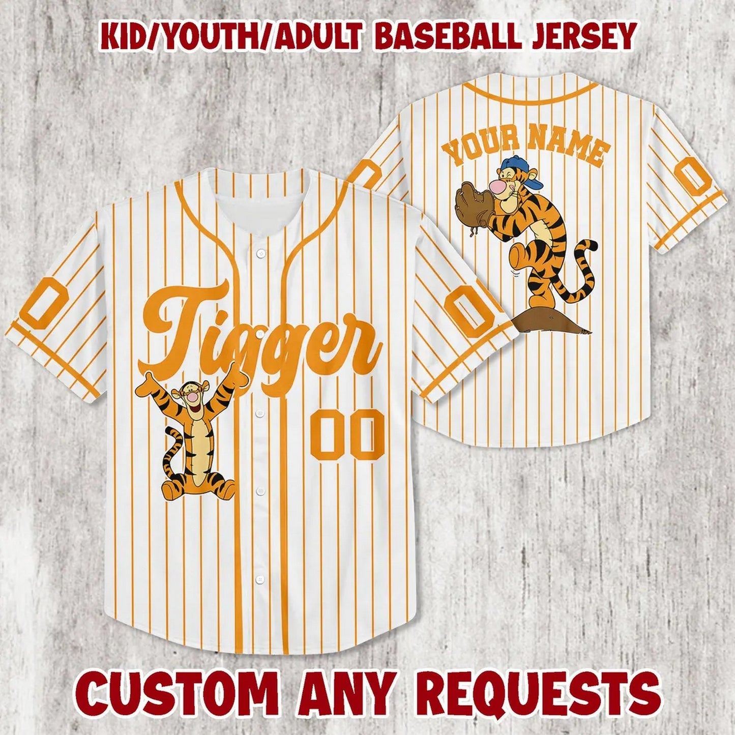 Custom Name Winnie The Pooh Tigger White Baseball Jersey
