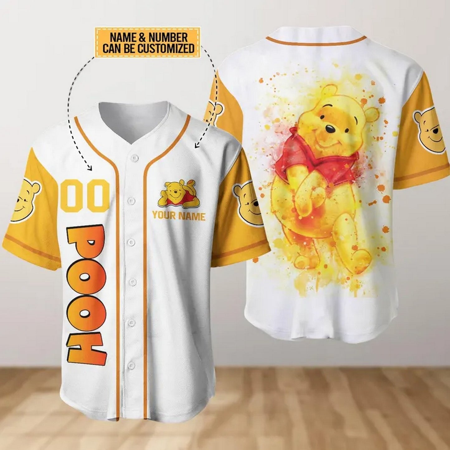 Custom Name Winnie The Pooh Watercolor Baseball Jersey