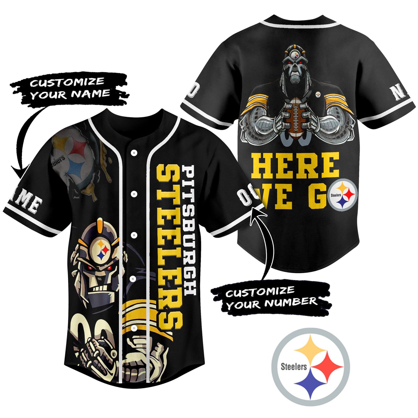Custom Pittsburgh Steelers Here We Go Black Sport Baseball Jersey
