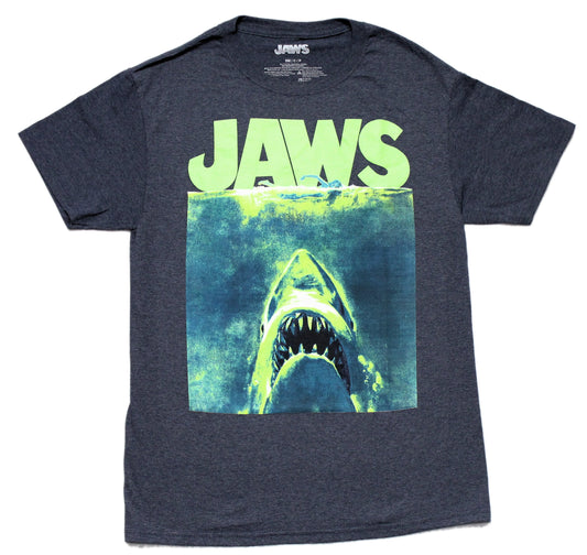 Jaws Neon Green Movie Poster Mens T-Shirt - Swimmer & Jaws Under Name
