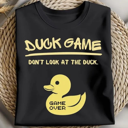 dUCK Game Don't Look At The dUCK Funny Chicken T-Shirt - Short Sleeve Crew Neck Tee with Playful Graphic Pattern for Casual Wear - Top, Menswear