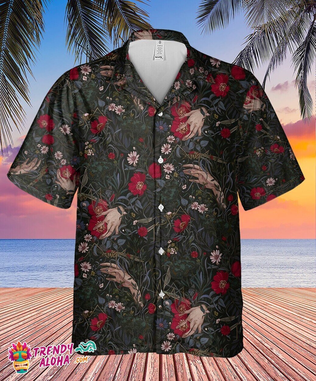 Devil's Hand Amidst Horror Florals Black Men's Hawaiian Shirt