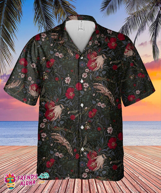 Devil's Hand Amidst Horror Florals Black Men's Hawaiian Shirt
