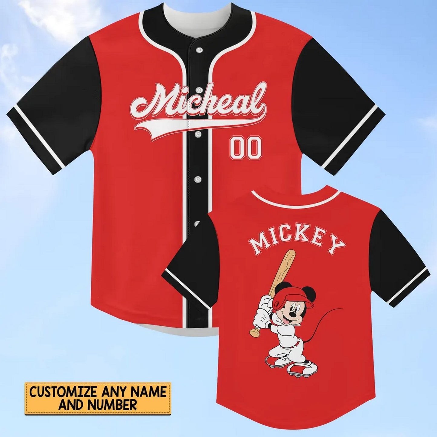 Custom Name Disney Mickey Mouse Black Red Baseball Jersey