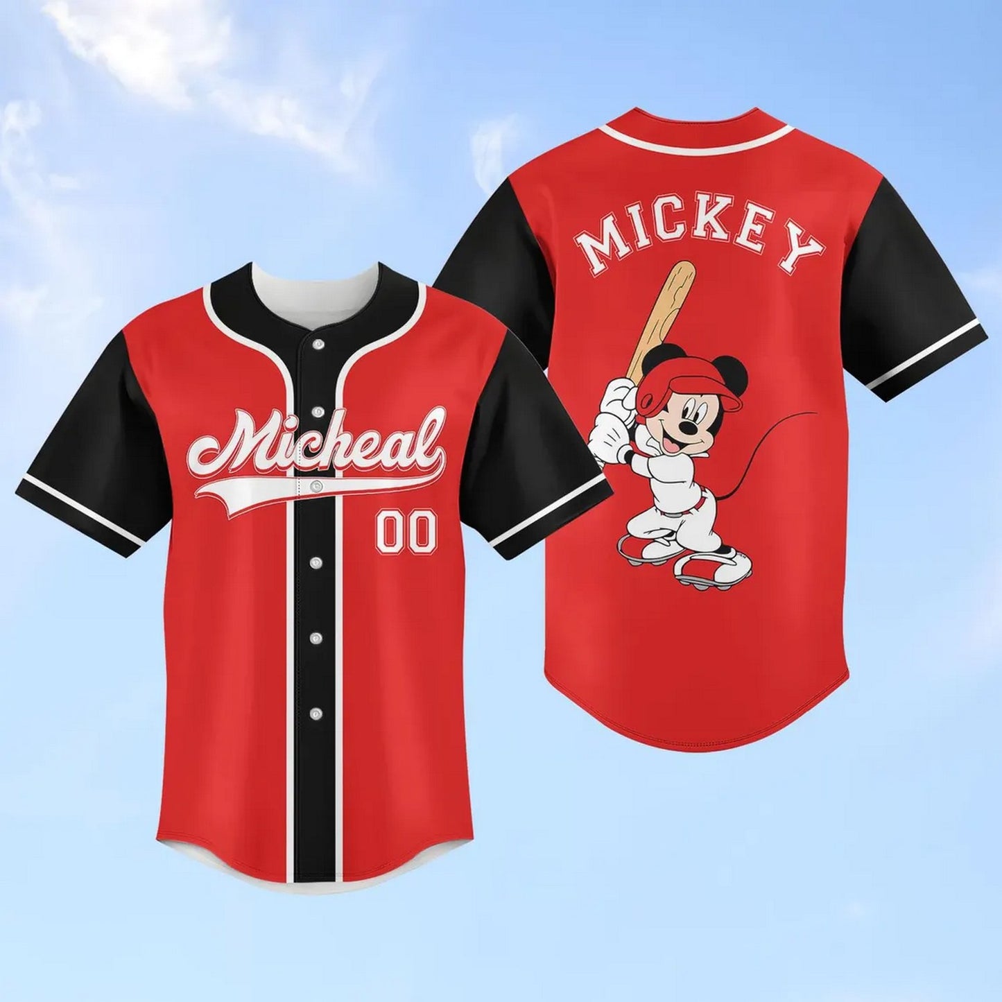 Custom Name Disney Mickey Mouse Black Red Baseball Jersey