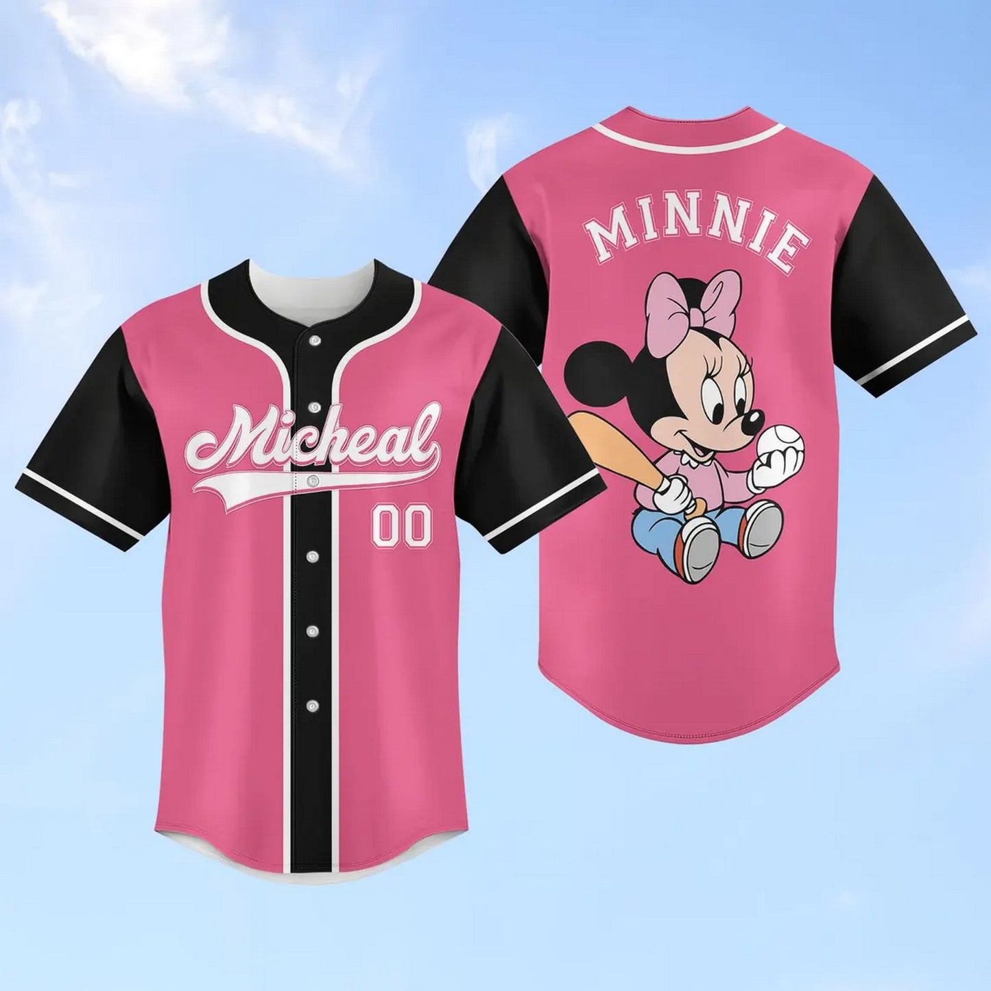 Custom Name Disney Minnie Mouse Black Pink Baseball Jersey