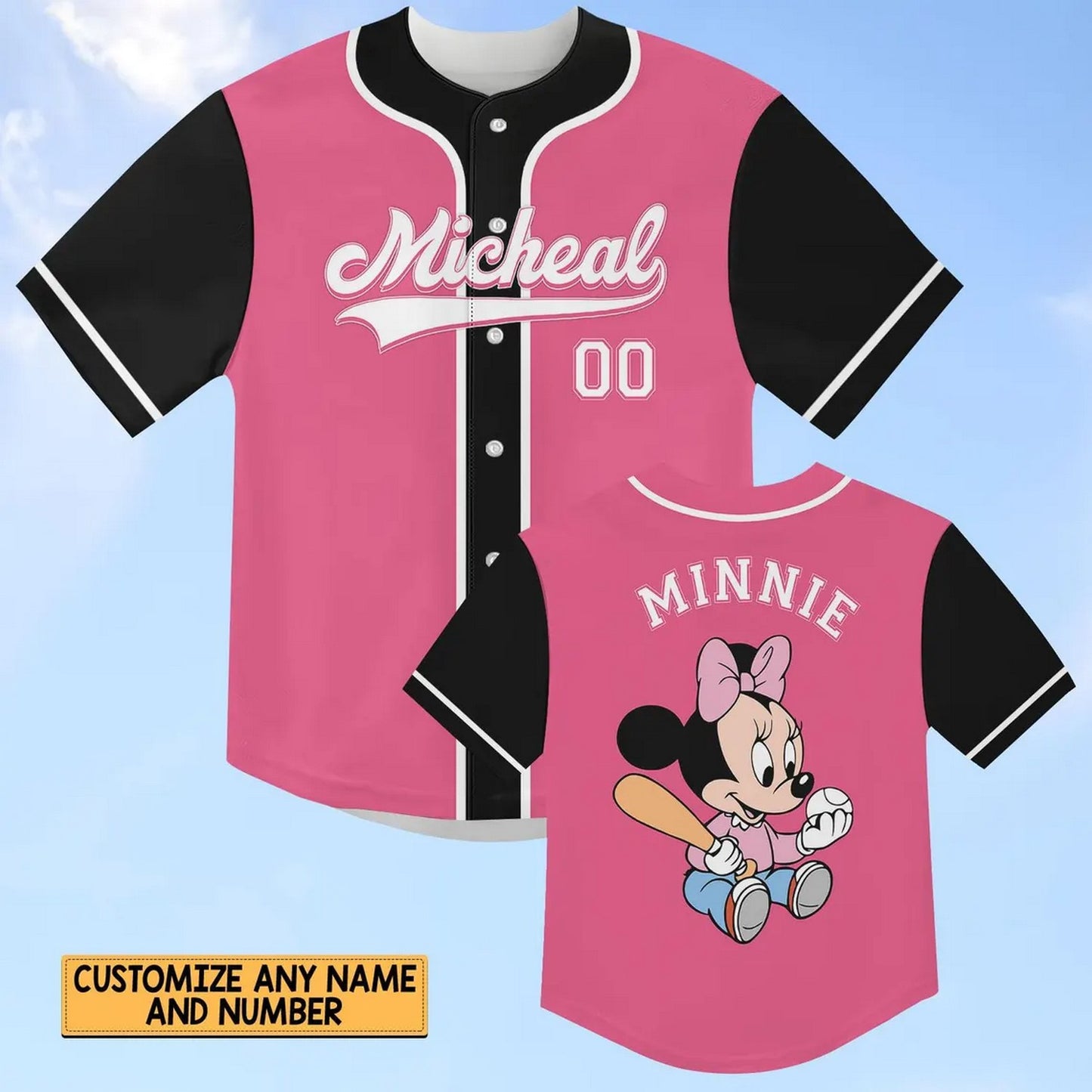 Custom Name Disney Minnie Mouse Black Pink Baseball Jersey