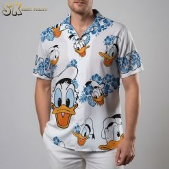 Donald Duck Hawaiian Shirt Cartoon Character Blue Floral Button Up Shirt Summer Beach Vacation Aloha Shirt
