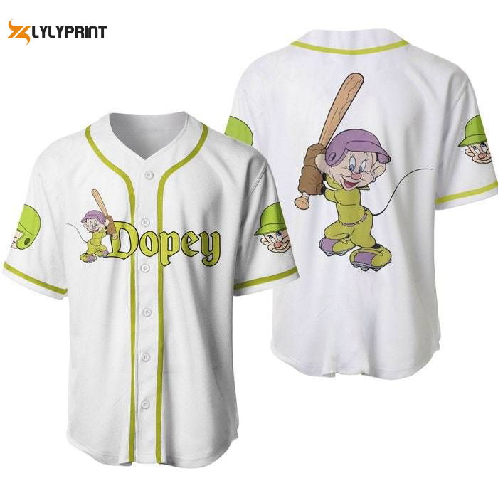 Dopey Dwarf White Green Disney Unisex Cartoon Graphics Casual Outfits Custom Baseball Jersey Gifts for Fans - lylyprint.com