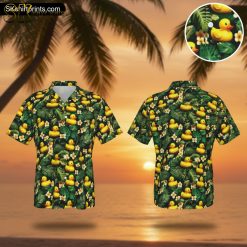 Yellow Rubber Duck Hawaiian Shirt with Tropical Flowers - Men's Button Down Beach Shirt with Pocket