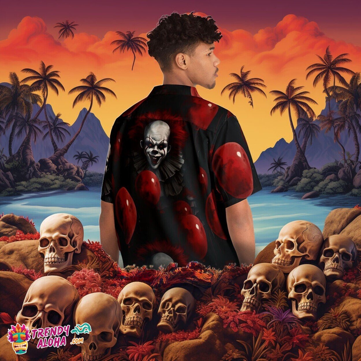 Eerie Carnival Men's Pennywise Theme Hawaiian Horror Movie Monster Shirt