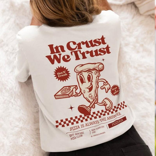 falling to art collection - In Crust We Trust, Shorter Length Wider Width Boxfit Graphic Shirt - Top, Streetwear,Men's, Tshirt New Arrival, Loose, For Men and Women, Short Sleeve, Casual and Versatile, Made of 10 Womenswear Embroidered Summer Comfort