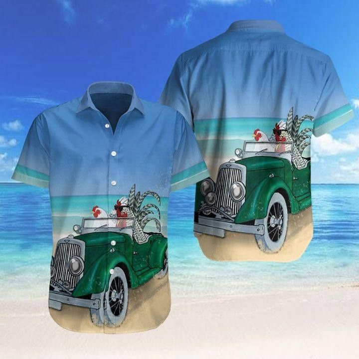 Farm Chicken Driving Car On The Beach Trendy Hawaiian Shirt, Chicken Lover Trendy Hawaiian Shirt For Summer Gifts