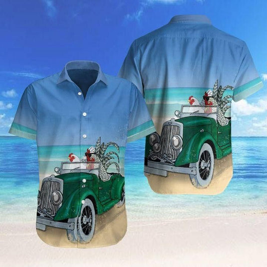 Farm Chicken Driving Car On The Beach Trendy Hawaiian Shirt, Chicken Lover Trendy Hawaiian Shirt For Summer Gifts