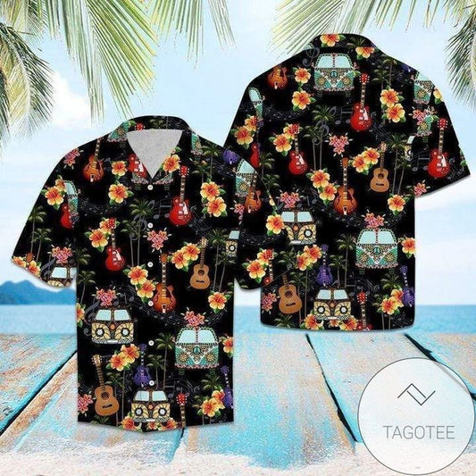Find Hippie Camping Car Guitar Black Hawaiian Shirts
