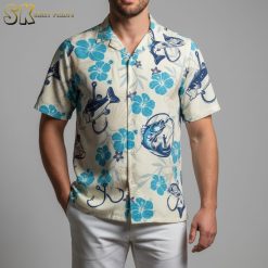 Blue Hibiscus Hawaiian Shirt with Fish and Fishing Hooks - Tropical Beach Button Down for Men
