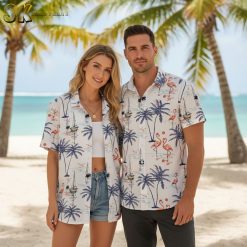 Mens Flamingo Hawaiian Shirt - Tropical Pink Flamingo Button Down Beach Shirt Short Sleeve
