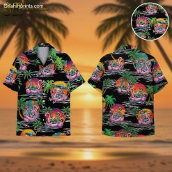 Skeleton Flamingo Hawaiian Shirt Men Women - Tropical Skull Pool Float Button Down Short Sleeve
