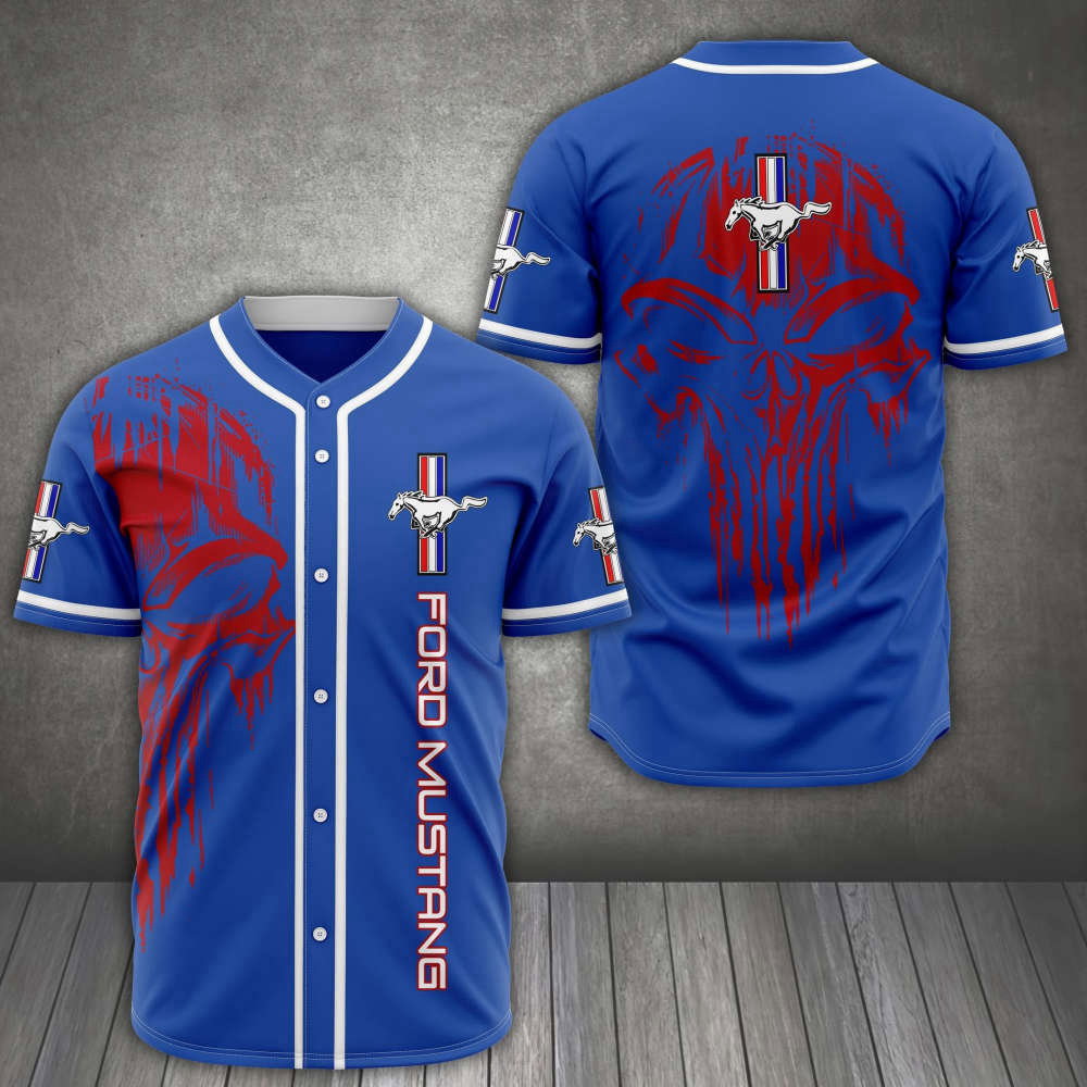 Ford Mustang Red Skull Blue Baseball Jersey: Bold & Stylish Mustang-themed Apparel