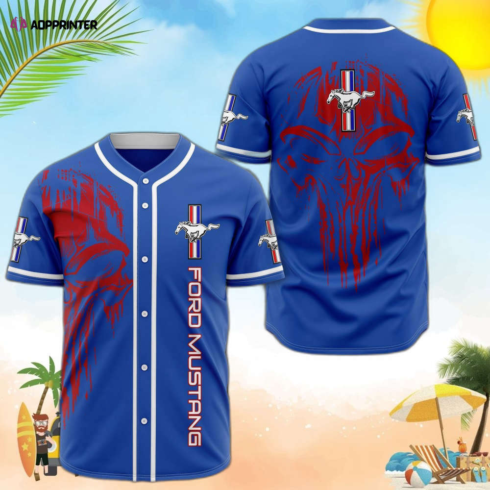 Ford Mustang Red Skull Blue Baseball Jersey: Bold & Stylish Mustang-themed Apparel