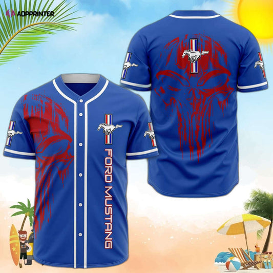 Ford Mustang Red Skull Blue Baseball Jersey: Bold & Stylish Mustang-themed Apparel