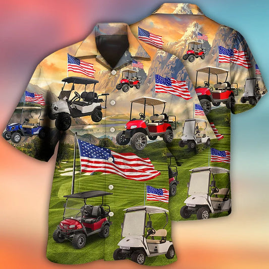Golf Aloha Trendy Hawaiian Shirts For Summer, Golf Club Car Usa Flag Independence Day Trendy Hawaiian Shirts For Men Women