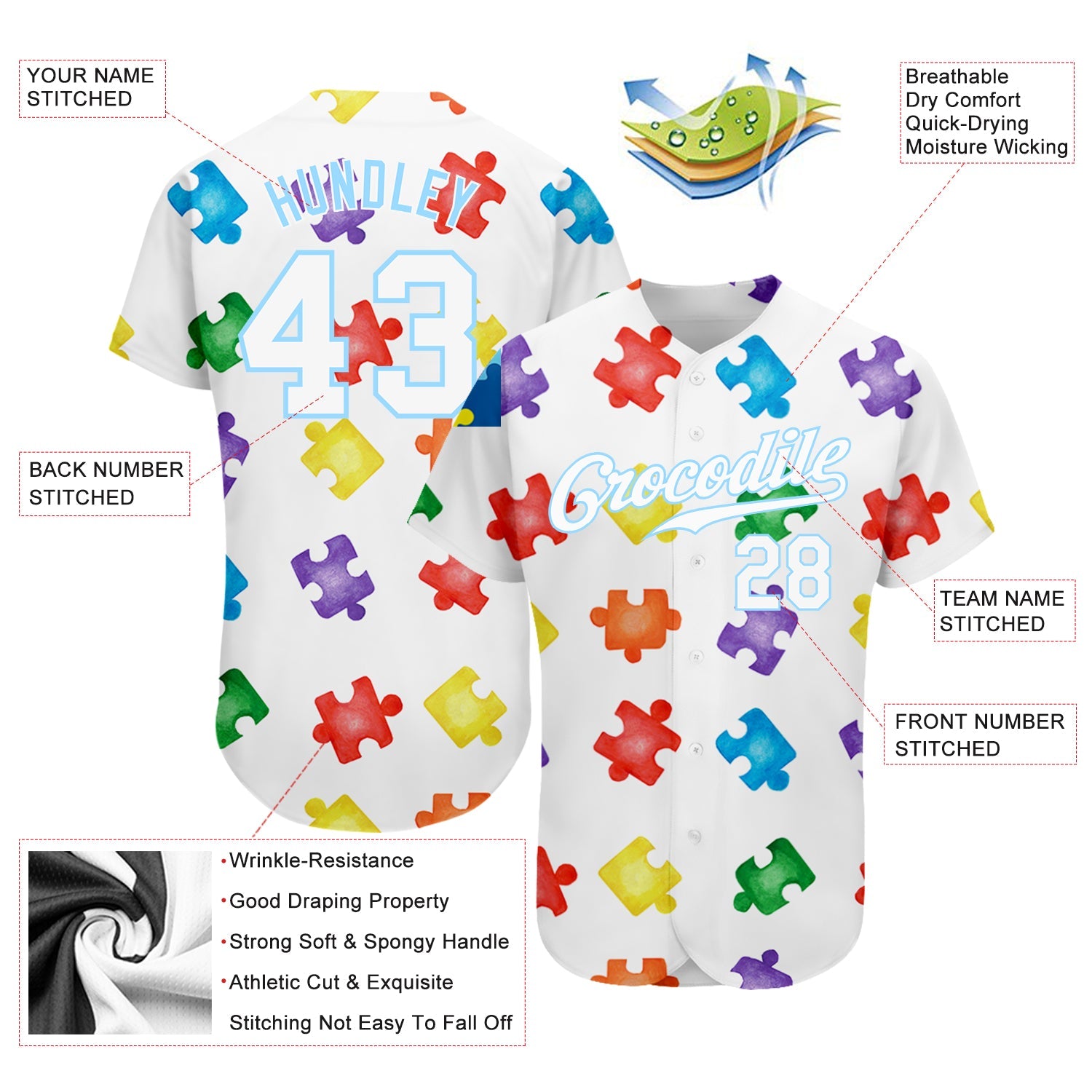 Custom Autism Supporter Awareness Puzzle Pieces White-Light Blue 3D Authentic Baseball Jersey