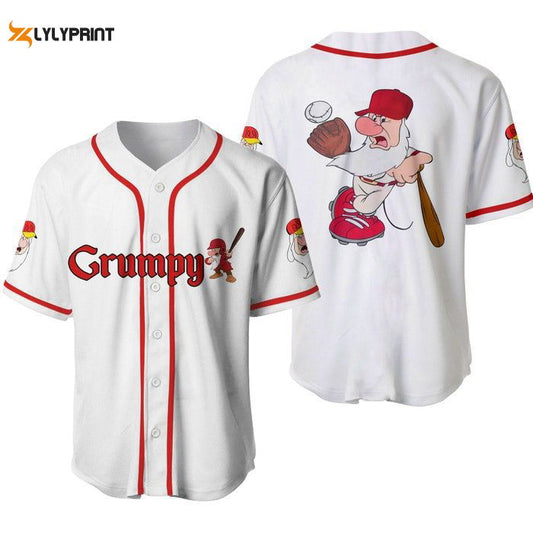 Grumpy Dwarf White Red Disney Unisex Cartoon Graphics Casual Outfits Custom Baseball Jersey Gifts for Fans - lylyprint.com