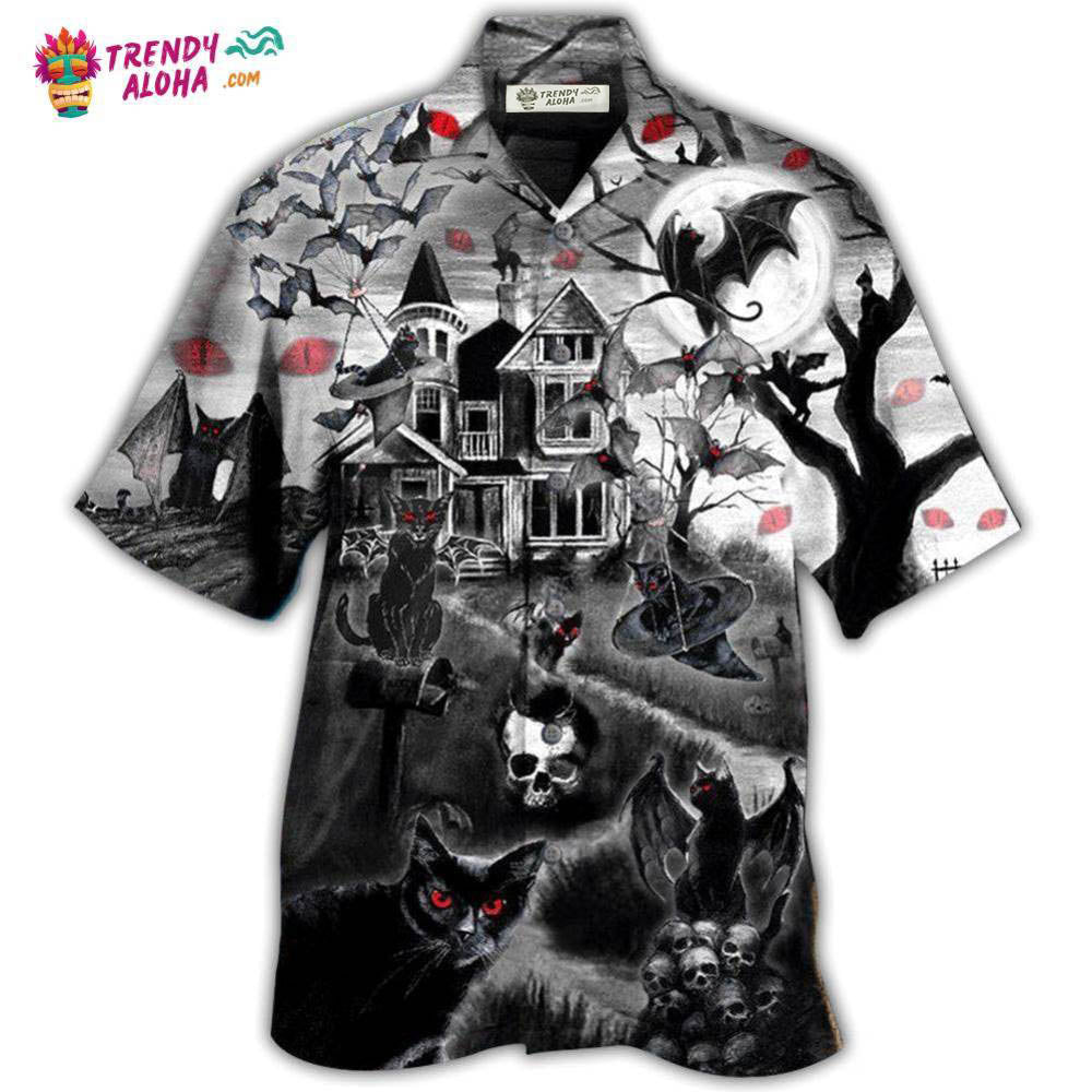 Halloween Black Cat Flying Horror Night Halloween Hawaiian Shirt - Trendy Aloha