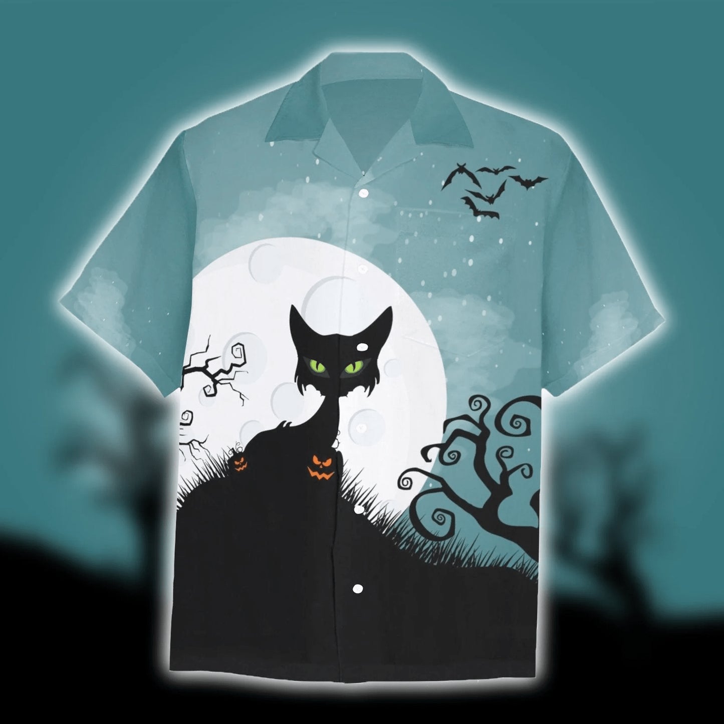 Halloween Horror Cat Trendy Hawaiian Shirt, Unisex Print Aloha Short Sleeve Casual Shirt