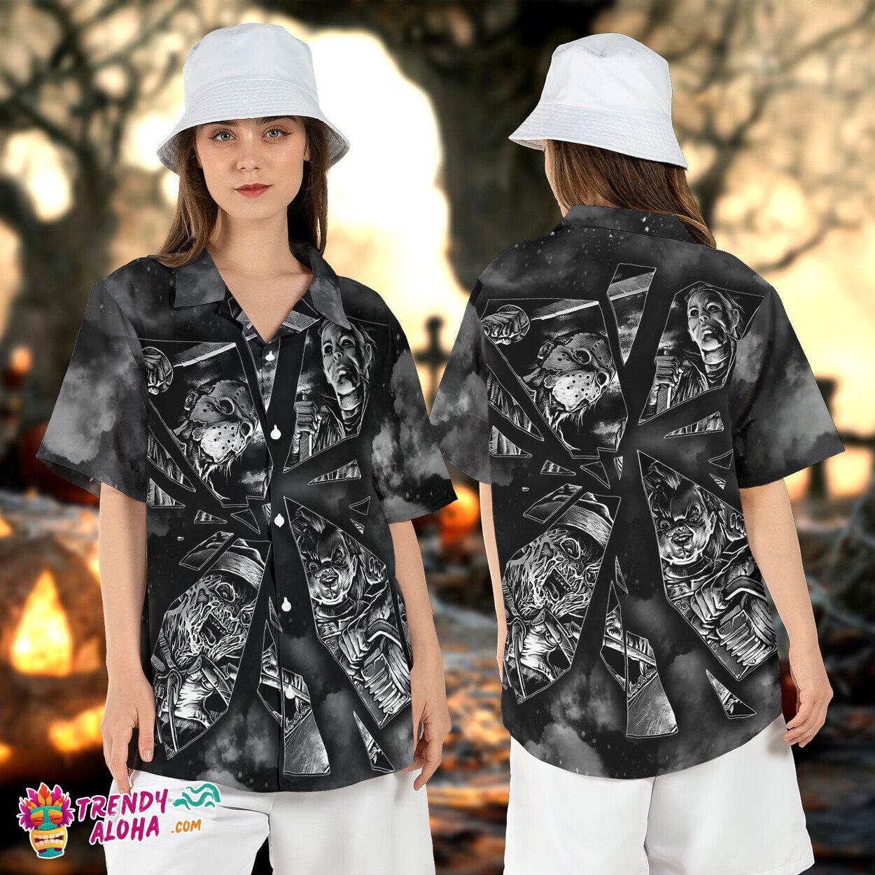 Halloween Horror Characters Mirror Scary Movies Aloha Shirt