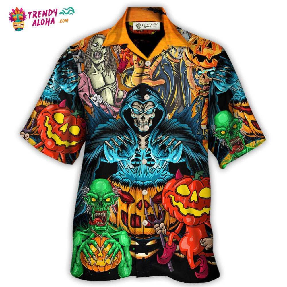Halloween Scary Skull Pumpkin Horror Art Style Hawaiian Shirt - Trendy Aloha