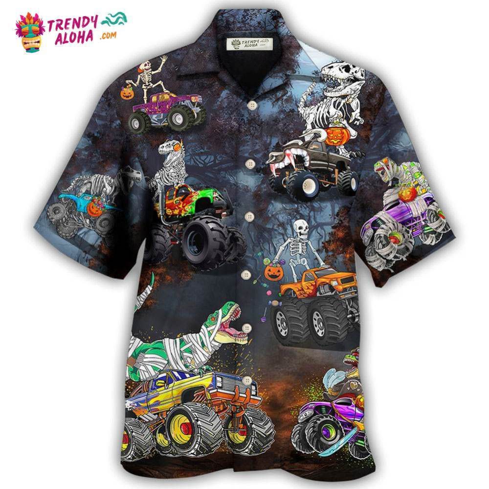 Halloween Skeleton Dinosaur Driving Monster Truck Hawaiian Shirt - Trendy Aloha