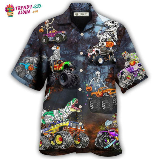 Halloween Skeleton Dinosaur Driving Monster Truck Hawaiian Shirt - Trendy Aloha