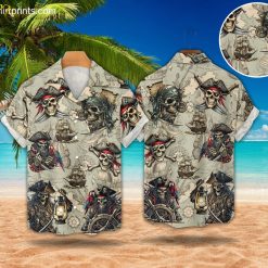 Vintage Pirate Skull Hawaiian Shirt for Men Women - Treasure Map Button Down Short Sleeve Summer Shirt