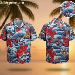 Hawaiian Shirt Fish Print Button Down - Tropical Bass Fishing Aloha Shirt for Men