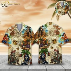Skeleton Pirate Hawaiian Shirt For Men Women - Treasure Chest Drinking Beer Button Down Short Sleeve