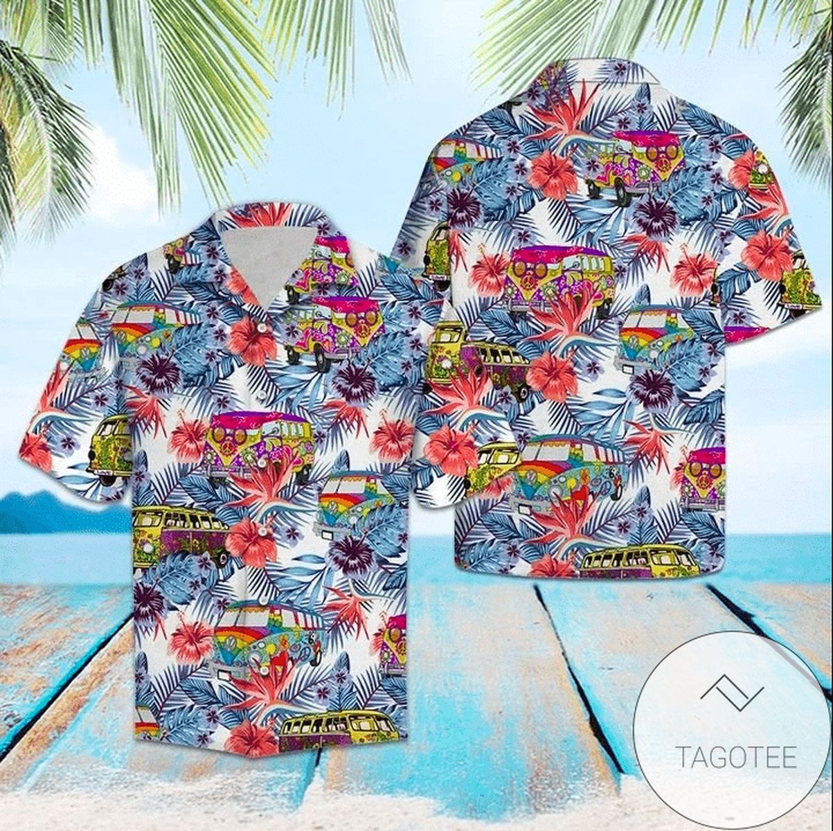 Hippie Car Cruising Through Tropical Summer on Hawaiian Shirt