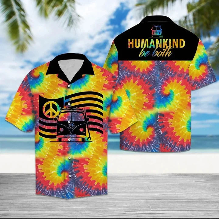 Hippie Car Humankind Be Both Peace Sign Flag On Swirl Tie Dye Trendy Hawaiian Shirt