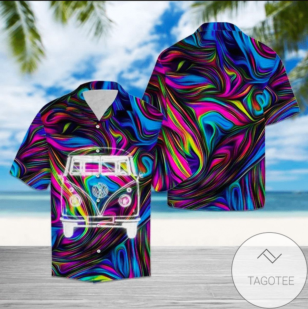 Hippie Car Tie Dye Splendor on an Artistic Hawaiian Shirt