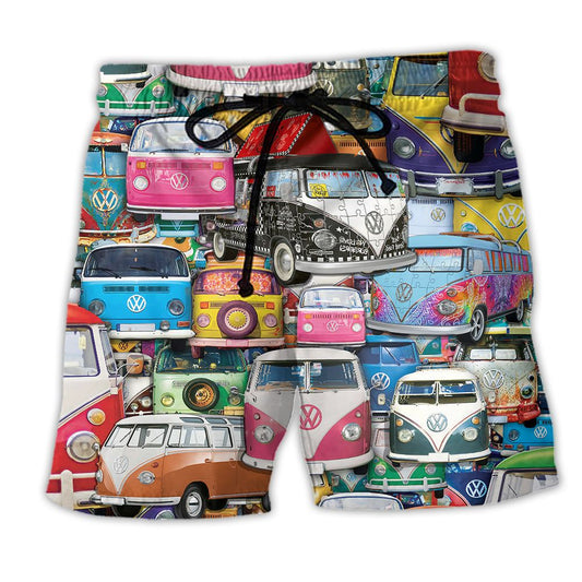 Hippie Colorful Car Peace Life Trendy Aloha Hawaiian Beach Shorts