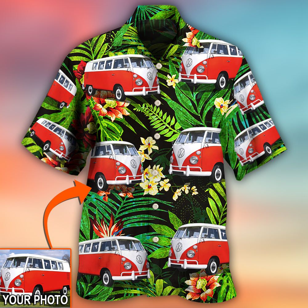 Hippie Van Volkswagen Camper Van Tropical Flower Custom Photo Hawaiian Shirt