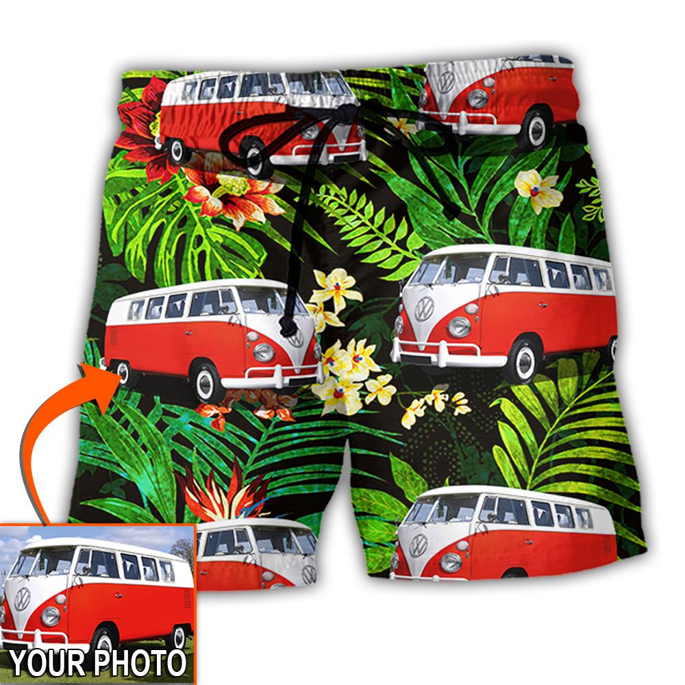 Hippie Van Volkswagen Camper Van Tropical Flower Custom Photo Trendy Aloha Hawaiian Beach Shorts
