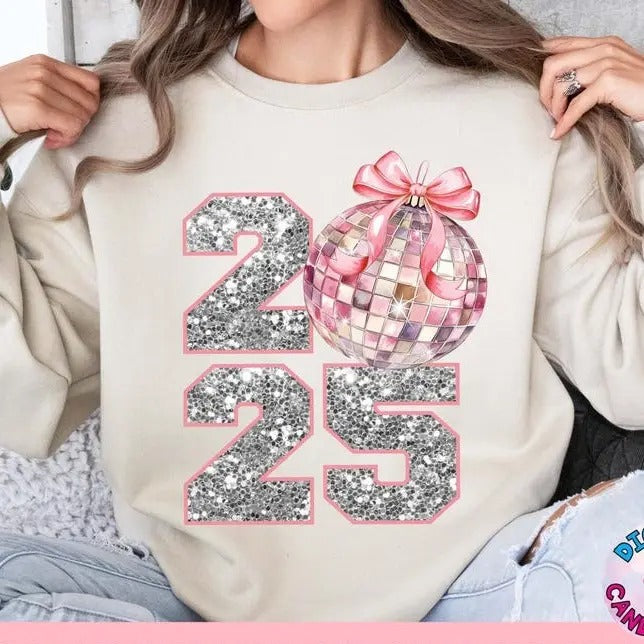 Pink Coquette New Year 2025 Shirt/sweatshirt/hoodie, Retro New Years tshirt, Disco Ball sweatshirt, New Year New Me hoodie, 12 New Chapters, Hello 2025 tshirt, Coquette Bow