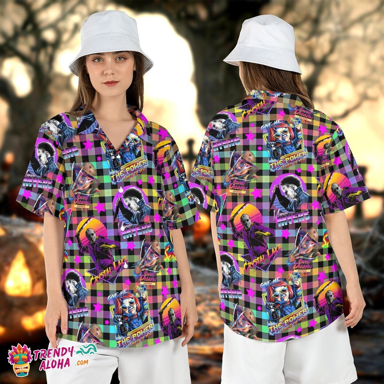 Horror Checkered Halloween Characters Scary Movies Aloha Tee