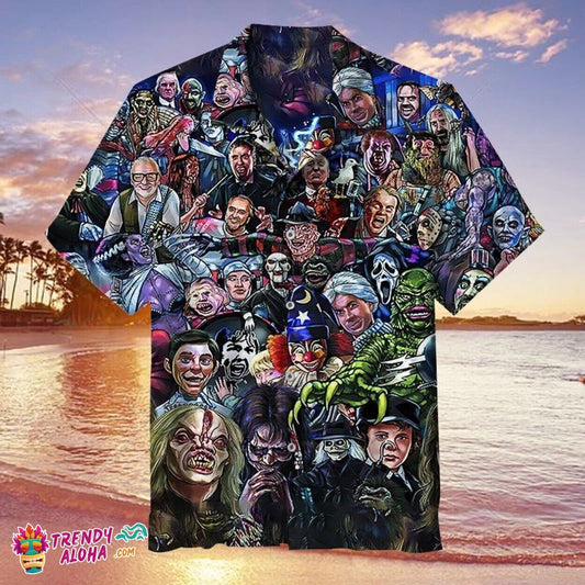 Horror Icons Gathering Scary Movie Friends Hawaiian Shirt