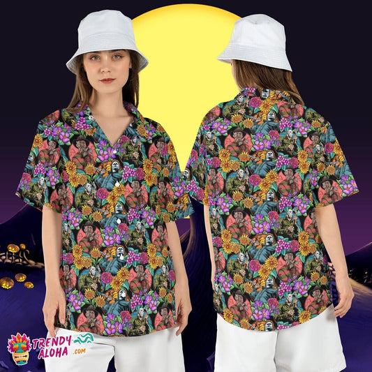Horror Movies Floral Freddy Jason Michael Halloween Aloha Top