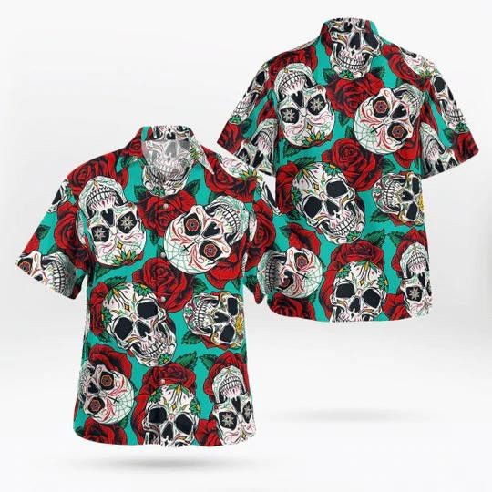 Horror Roses Skull On Mint Background Hawaiian Shirt