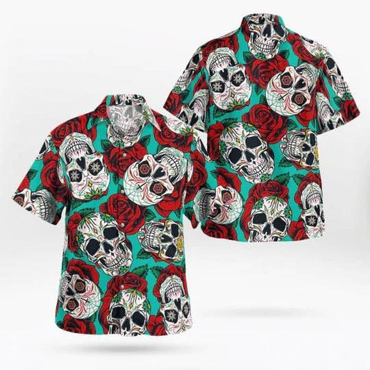 Horror Roses Skull On Mint Background Hawaiian Shirt