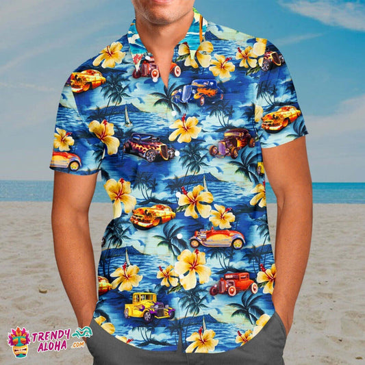 Hot Rod Collage for Car Lovers' Summer Vibe Hawaiian Theme Shirt